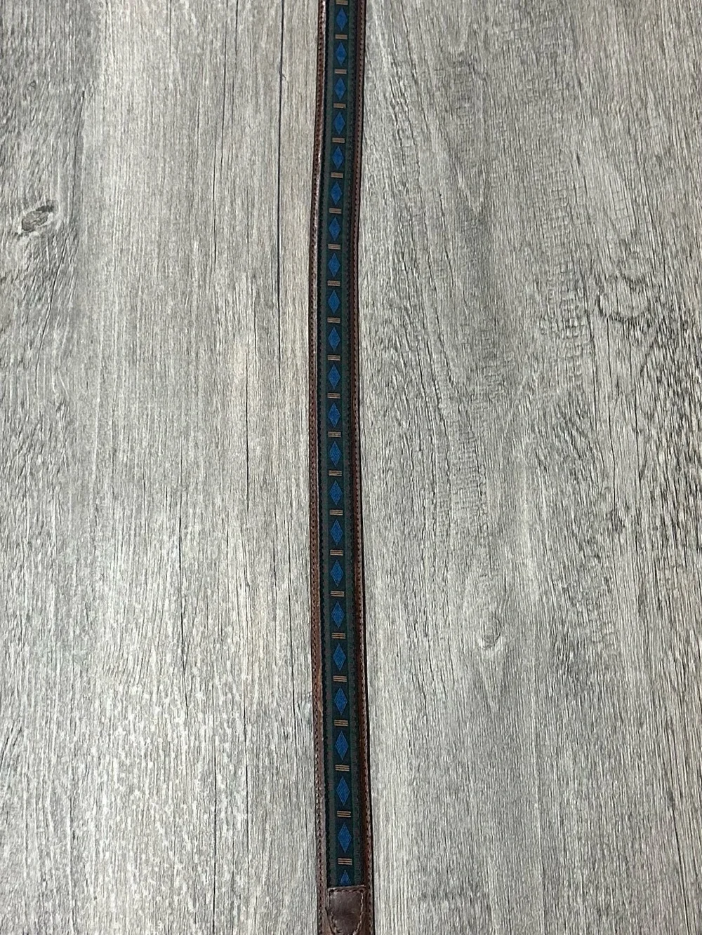 Vintage Woolrich Brown Leather Belt with Blue Geometric Inlay brass buckle